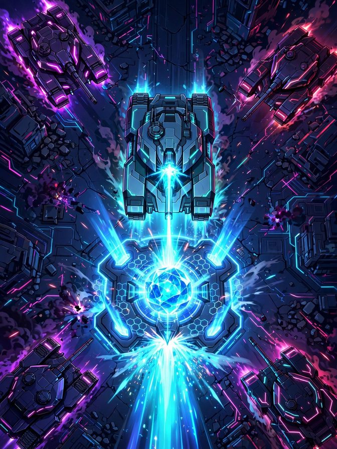 BASE ZERO poster art — a glowing teal tank defending a bright Energy Core