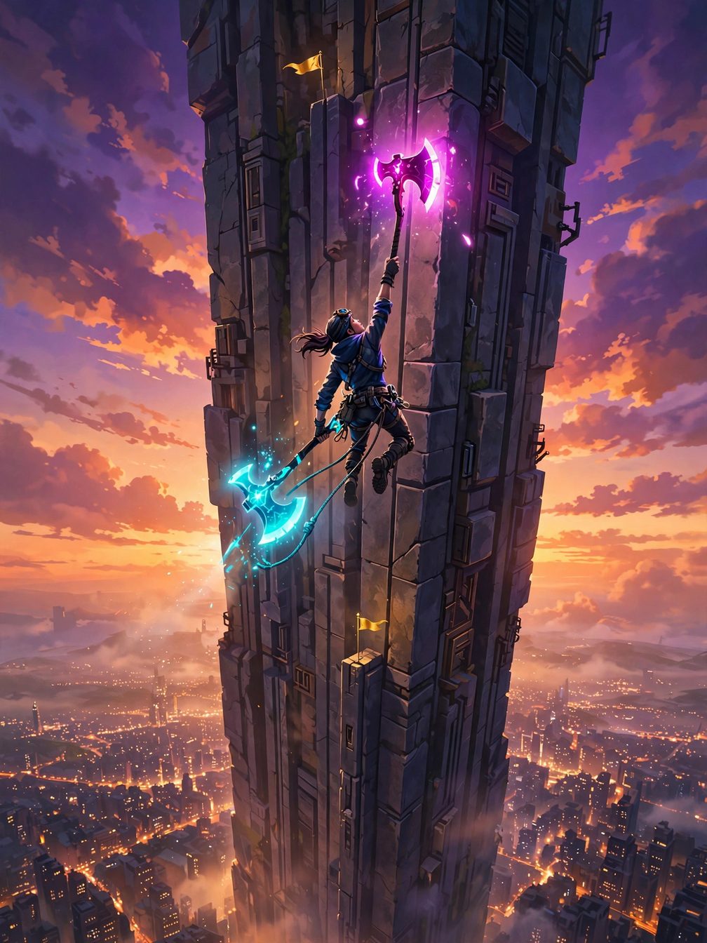ZERO GROUND poster art — a climber with two neon axes scaling a colossal tower above the city at dusk