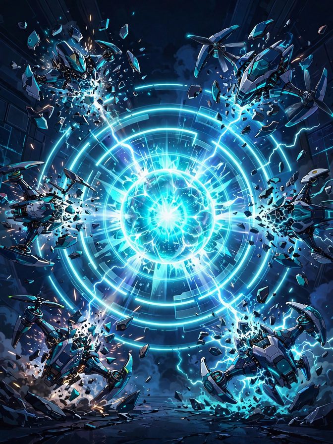ZERO PULSE poster art — a glowing core holding back a drone swarm with expanding shockwave rings