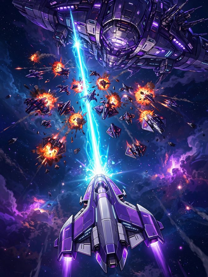 ZERO STORM poster art — a violet spaceship firing through an enemy formation in deep space