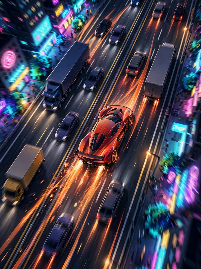 ZERO VELOCITY poster art — a red sports car at full speed on a neon night highway